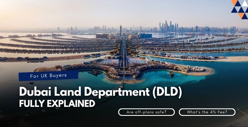 Aerial view of Dubai’s skyline, used as a graphic for UK buyers explaining the Dubai Land Department (DLD), off‑plan safety and the 4% fee