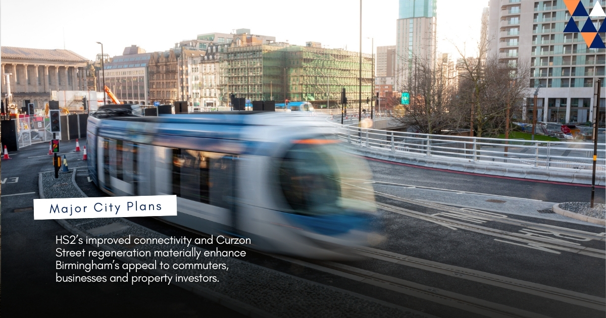 Graphic illustrating Birmingham’s major city plans including HS2 and Curzon Street regeneration, showing improved connectivity and long‑term investment potential.