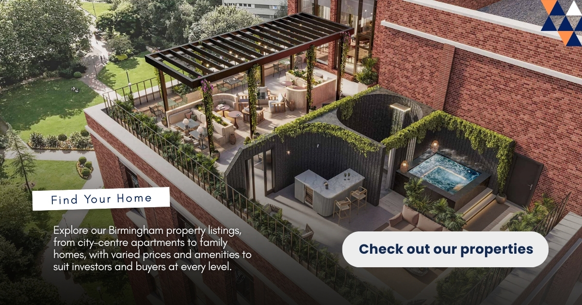 Call‑to‑action image inviting users to explore Birmingham property listings, featuring city‑centre apartments and family homes with varied prices and amenities.