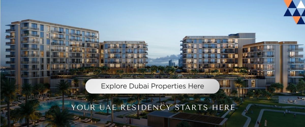 Modern Dubai residential development promoting property options that help buyers meet the UAE Golden Visa investment threshold.