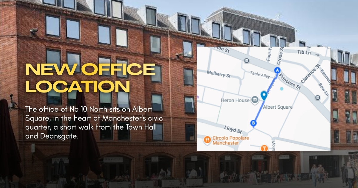 Heron House on Albert Square in Manchester, temporary home of No 10 North, with map showing location in the civic quarter