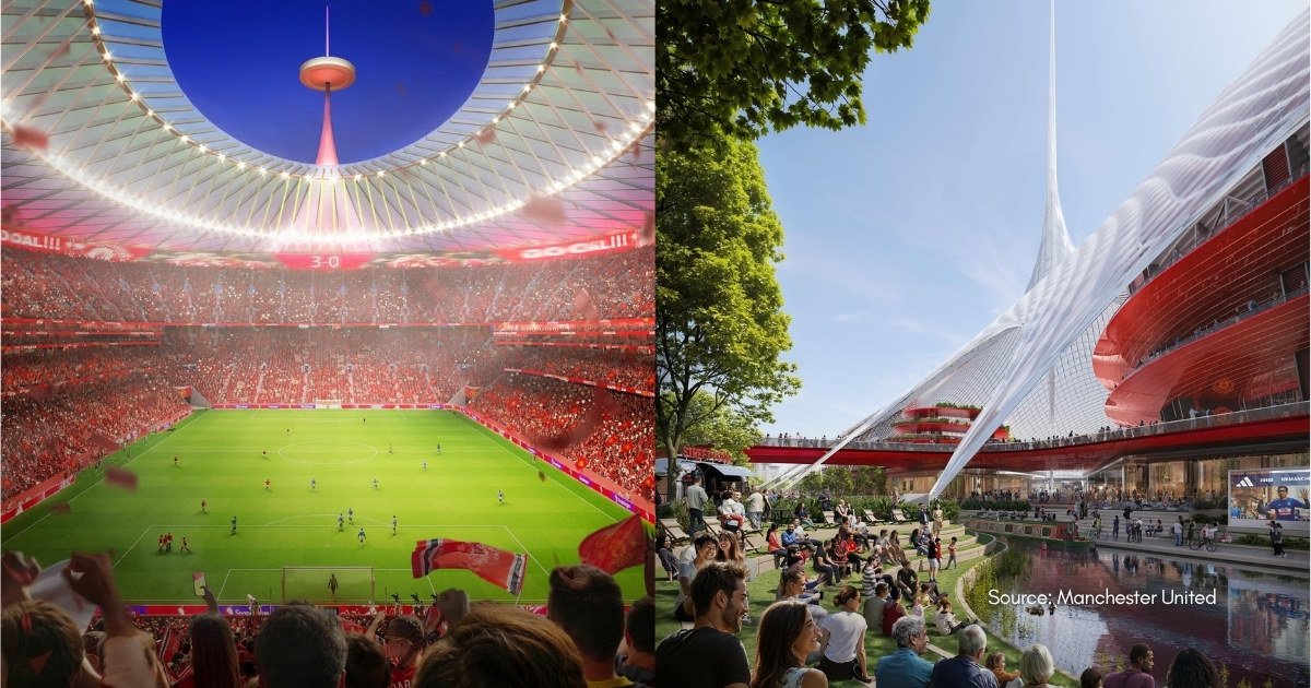 Manchester United new stadium aerial dusk public plaza Wharfside skyline Trafford