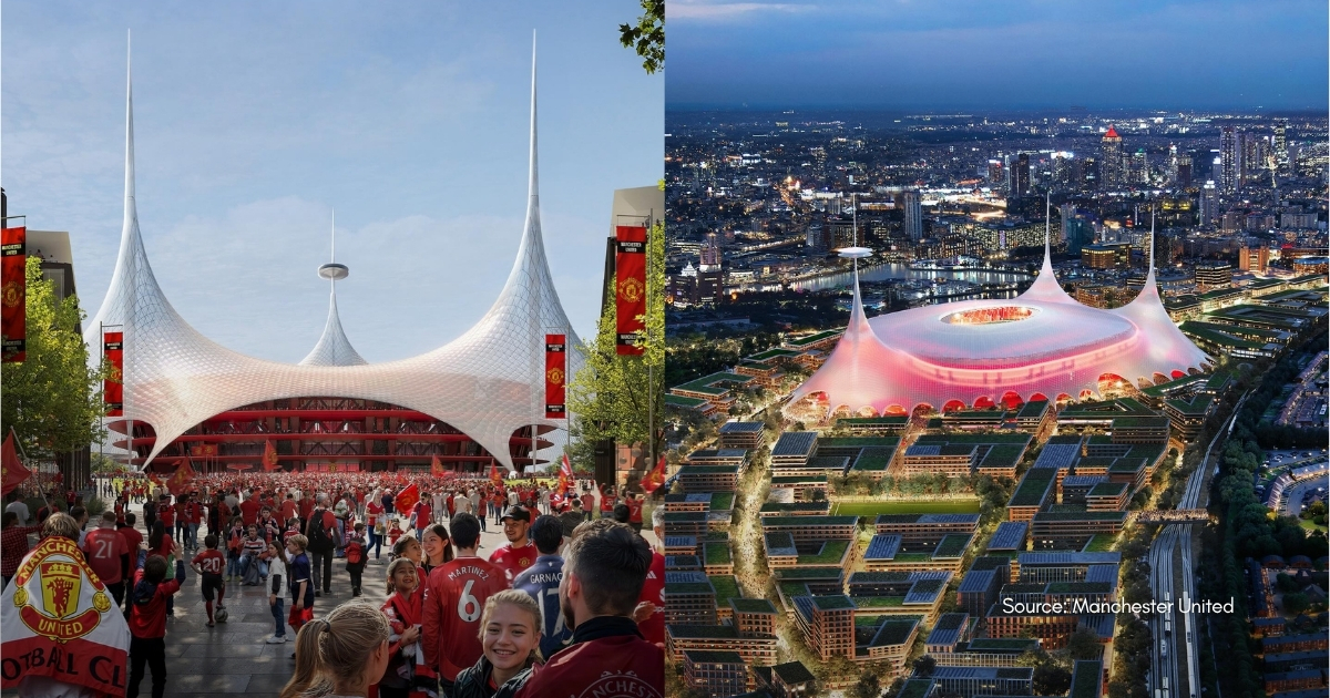 Manchester United new stadium exterior three-mast canopy fans approaching Trafford
