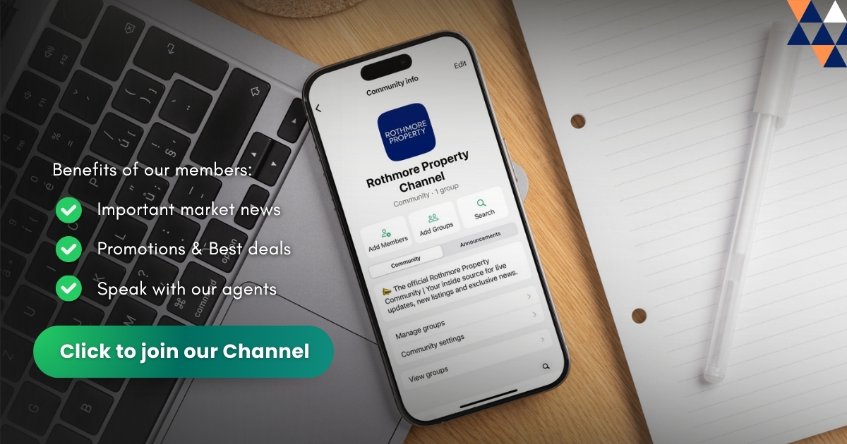Promotional image encouraging users to join Rothmore’s WhatsApp channel for exclusive real estate updates, early access opportunities and market insights.