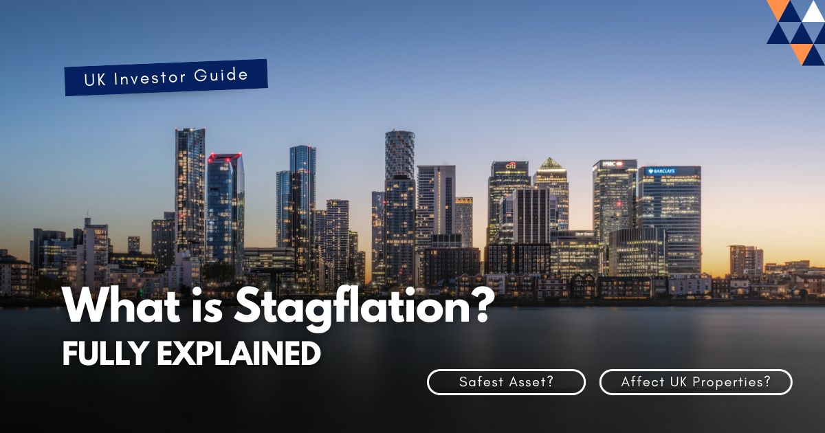 Stagflation explained for UK investors — Canary Wharf London skyline at dusk with Rothmore Property glossary cover design
